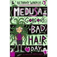 "Book cover 'Medusa Gorgon's Bad Hair Day' with cartoon Medusa, green snakes for hair, and playful text design"