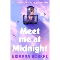 "Book cover 'Meet Me at Midnight' with a girl on a balcony, purple sky, and clouds, by Brianna Bourne"