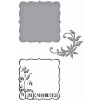 Gray foam rubber stamps with ornate floral designs and "Memories" text, square and decorative shapes.