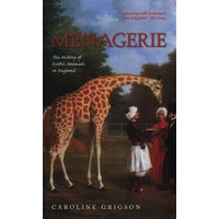 "Menagerie book cover featuring a giraffe with two people in period clothing, set against a pastoral background"