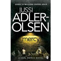 Black cover of "Mercy" by Jussi Adler-Olsen, featuring a woman in a spotlight and shattered glass effect.