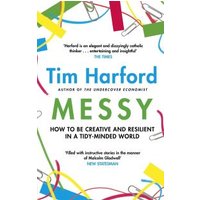 "White book cover of 'Messy' by Tim Harford with colorful paperclips and rubber bands design."