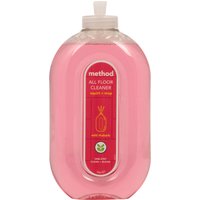 Clear bottle of Method Wild Rhubarb All Floor Cleaner, 739ml, with pink liquid and red label featuring rhubarb graphic.