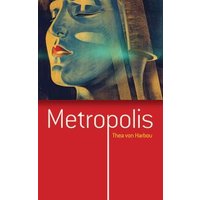 "Metropolis book with red cover, abstract face illustration, and author Thea von Harbou's name in white text"