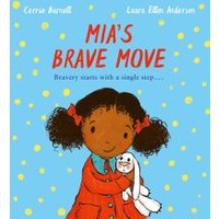 Children's book "Mia's Brave Move" with girl in red coat holding a white stuffed bunny, blue background with yellow dots.