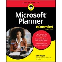 "Microsoft Planner For Dummies book with black and yellow cover, featuring a woman using a laptop."