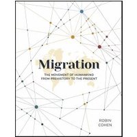 "Migration book with white cover, abstract network lines, and world map background by Robin Cohen"