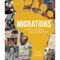 "Migrations book with yellow map cover, historical photos, and text 'a history of where we all come from'"