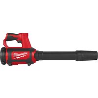 Red Milwaukee M12 BBL 12v cordless garden leaf blower with black nozzle and ergonomic handle.