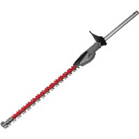 Milwaukee hedge trimmer attachment with red dual-action blades and silver shaft, designed for short trimming tasks.