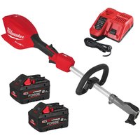 Milwaukee red and black cordless brushless garden multi tool with split shaft, two batteries, and charger.