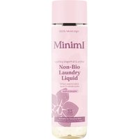 Miniml Laundry Liquid 1L bottle, pink label with dragonfruit and orchid design, clear liquid visible.