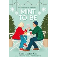 "Mint to Be book cover with couple in winter attire at a table, snowflakes, and pine trees in the background"