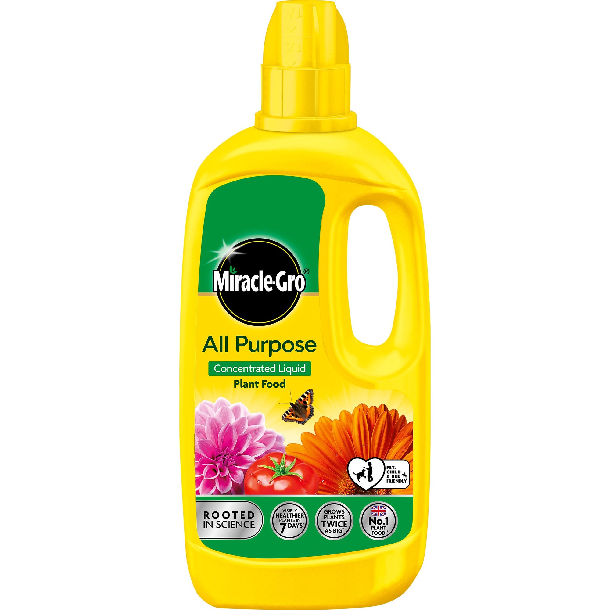 Bright yellow plastic bottle of Miracle-Gro All Purpose Concentrated Liquid Plant Food with a green label, featuring flowers and tomatoes, and a convenient squeeze top for easy application.