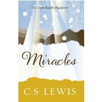 "Miracles book by C.S. Lewis, yellow and white cover with abstract mountains and light beams, text 'Do They Really Happen?'"