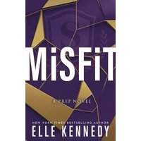 Purple book cover titled "Misfit" by Elle Kennedy, featuring gold geometric shapes and bold white text.
