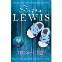 Blue book cover titled "Missing" by Susan Lewis, featuring baby shoes and a heart-shaped award badge.
