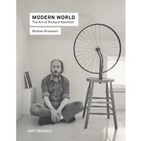 "Modern World book cover featuring a man sitting on the floor next to a stool with a bicycle wheel on top."