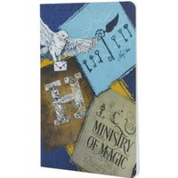 A5 unlined cahier with Harry Potter-themed cover, featuring owl, keys, Hogwarts letter, and Ministry of Magic design.
