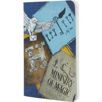 Harry Potter A6 lined cahier with owl, keys, Hogwarts letter, and Ministry of Magic design on blue and brown cover.