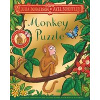 "Monkey Puzzle children's book with illustrated monkey, butterfly, and vibrant jungle foliage on the cover"