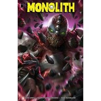 Comic book cover titled "Monolith" featuring a menacing armored figure with glowing green eyes and spiked armor.
