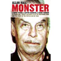 "Book titled 'Monster' by Allan Hall, featuring a close-up of a man's face on the cover."