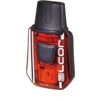 Red and black Moon Alcor rear bike light with 15 lumens, compact design, and clear lens accents.
