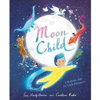 Children's book "Moon Child" with colorful illustrations of animals and a child flying around a glowing moon.
