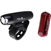 Black Moon Nova 100 front bike light with strap mount and red Pulsar 25 rear light with transparent casing.
