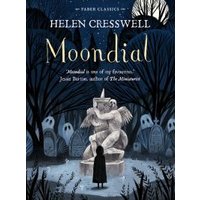 "Moondial book cover with a statue, dark trees, and a child in a cloak under a moonlit sky"