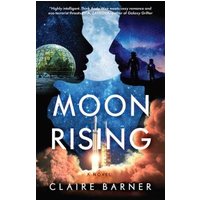 "Moonrising book cover with silhouettes, rocket launch, and cosmic background by Claire Barner"