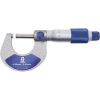 Moore and Wright MW200-01 micrometer, silver body, blue accents, 0-25mm range, ratchet stop, thimble scale.