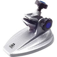 Silver Moore and Wright micrometer stand with adjustable clamp and textured base.