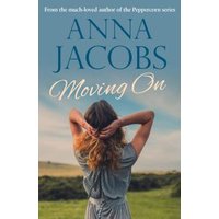 Book cover "Moving On" by Anna Jacobs, woman in field with hands on head, wearing blue dress, cloudy sky background.