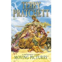 "Book cover of 'Moving Pictures' by Terry Pratchett, featuring colorful fantasy creatures and a golden title."