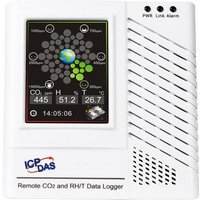 White Moxa D LOGGER with digital display showing CO2 levels, temperature, and humidity; side vents and indicator lights.