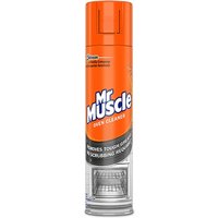 Orange Mr Muscle Oven Cleaner Spray can, 300ml, with blue and white logo and image of a clean oven.