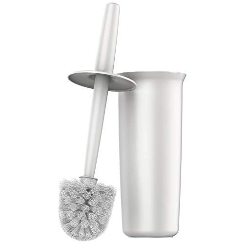 White toilet bowl brush with a soft bristle head and a matching holder, made of durable plastic, designed for efficient cleaning in the bathroom.
