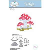 Mushroom-shaped metal cutting dies with red caps and white spots, includes grass and smaller mushroom designs.