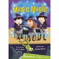 "Music Magic book cover with three cartoon witches playing instruments on stage, purple curtains, and musical notes."