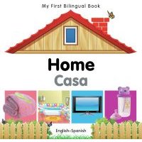 Bilingual children's book with house illustration, English-Spanish text, and images of household items.