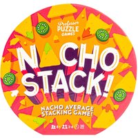 Round box of "NACHO STACK" game with colorful nacho and jalapeño graphics on a vibrant orange and pink background.