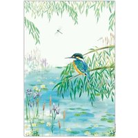 Organic cotton tea towel featuring a kingfisher perched among green reeds over a pond with water lilies.