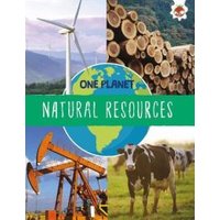 "Book cover with wind turbine, logs, oil pump, cows, and Earth graphic, titled 'Natural Resources'"