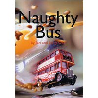 "Naughty Bus book cover featuring a red double-decker bus with a blurred breakfast scene in the background"