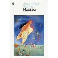 "Book cover of 'Nausea' by Jean-Paul Sartre featuring abstract art with a distorted figure on a blue background"