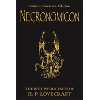 Black hardcover book "Necronomicon" with gold lettering and intricate mythical creature design.