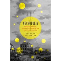 "Book titled 'Necropolis' with yellow circles over a grayscale cityscape and buildings in the background"