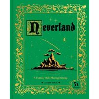 Green hardcover book "Neverland" with gold ornate border and island illustration.